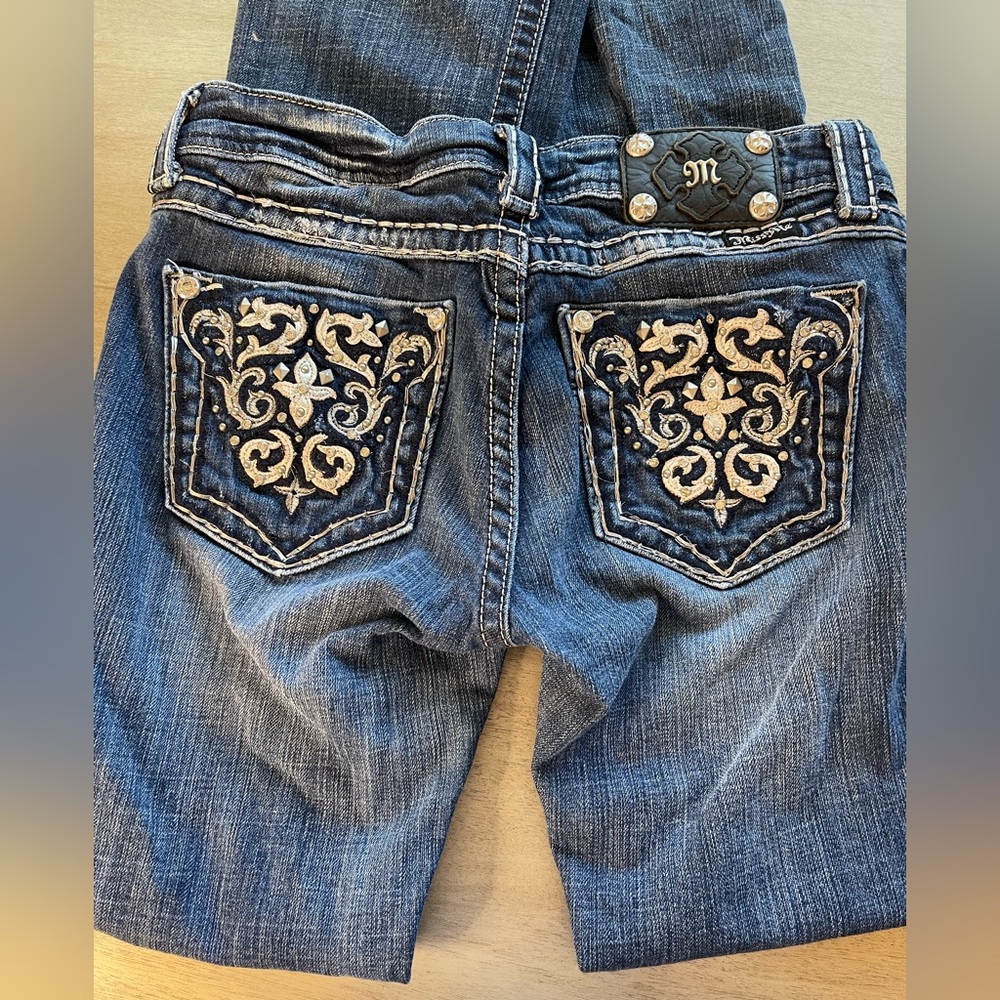 Miss Me Dark Blue Boot Cut Jeans with Intricate Pocket Design